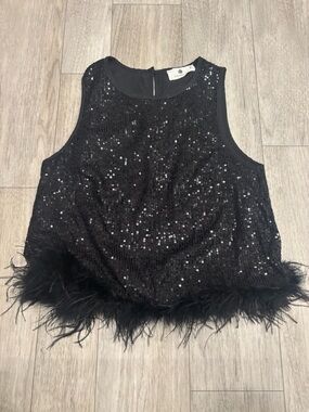 Black Sequin Feather Hem Sleeveless Top
